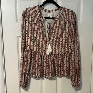 Lost + Wander Red and White Floral Striped Blouse